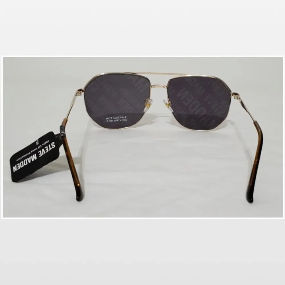 New Steve Madden Sunglasses Logo Printed Mirrored Aviators Black Gold NWT - Picture 10 of 16